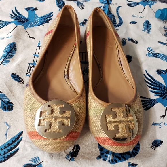 Tory Burch Reva Raffia Woven Striped Flats size 8½